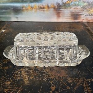 Antique Pressed Glass Butter Dish - Vintage Crystal Cut Look - Elegant Starburst